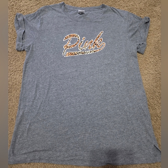 PINK Victoria's Secret Large Oversized Leopard Cheetah Spellout Tee - Picture 1 of 4